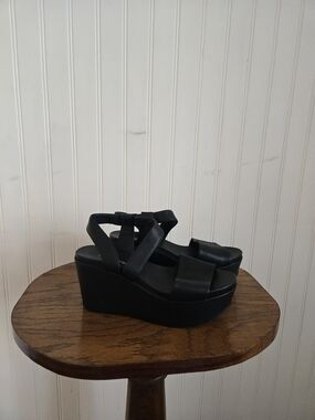 Antelope Leather Black Platform Wedge Sandals - Women's Strappy Comfort